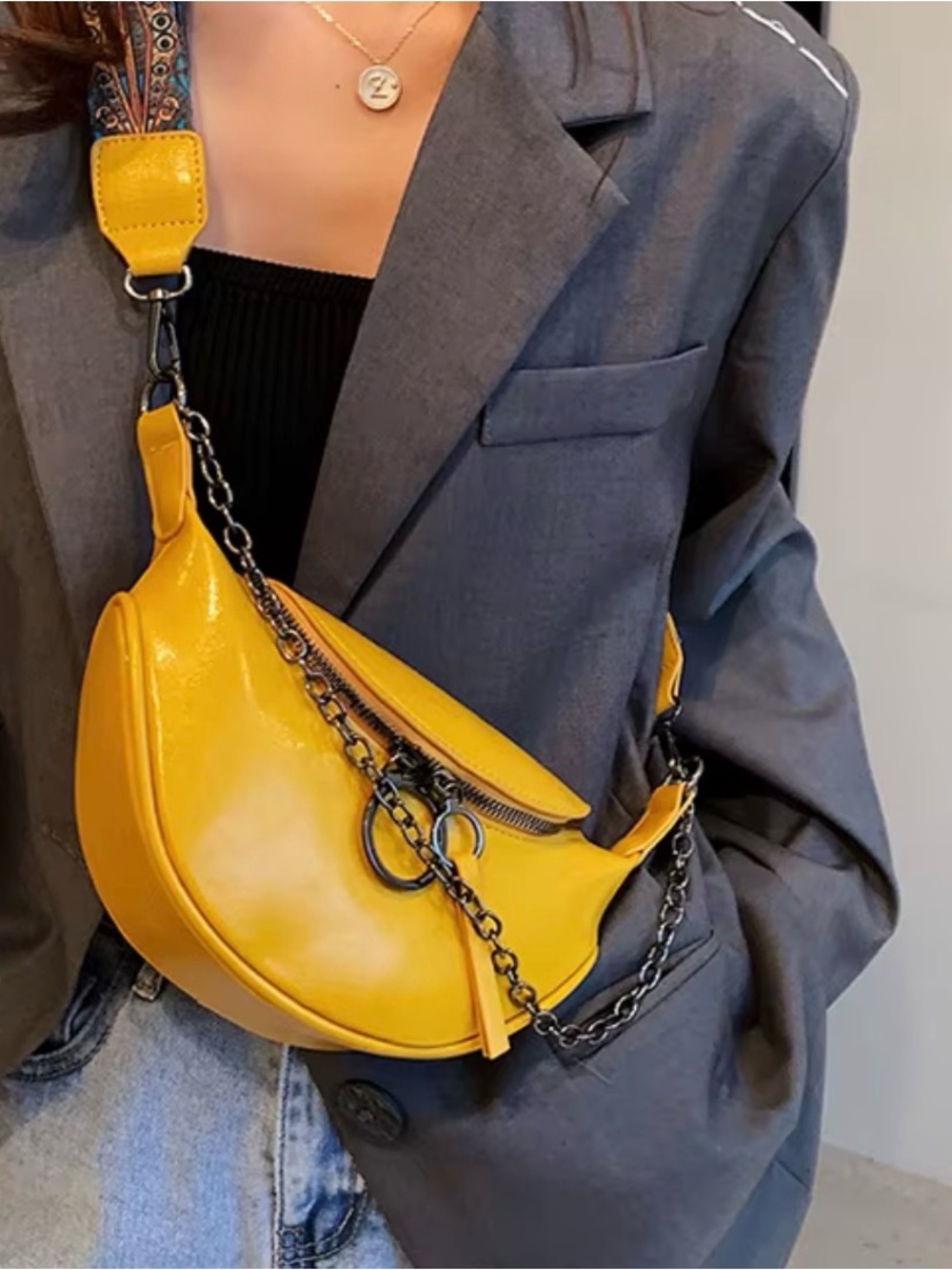 Vibrant Yellow Crescent Crossbody Bag with Chain Detail NWOT
